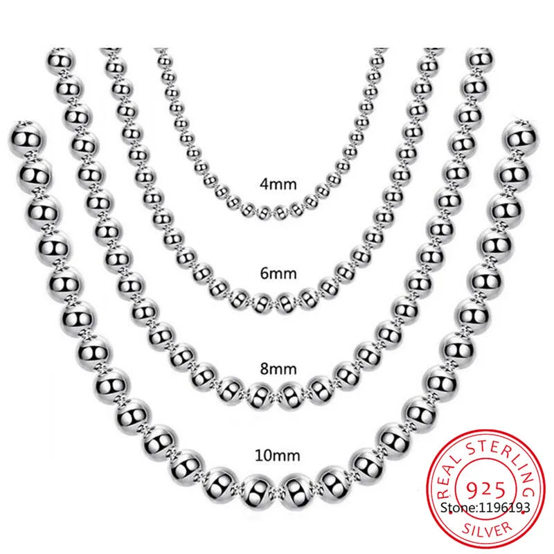 925 Silver 10mm|8mm|4mm Bead Ball Chain Necklace Wedding Jewelry