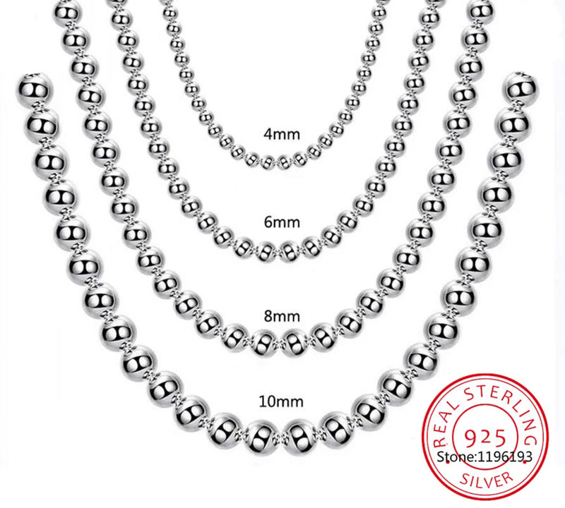 925 Sterling Silver 10mm Smooth Beads Ball Chain Necklace