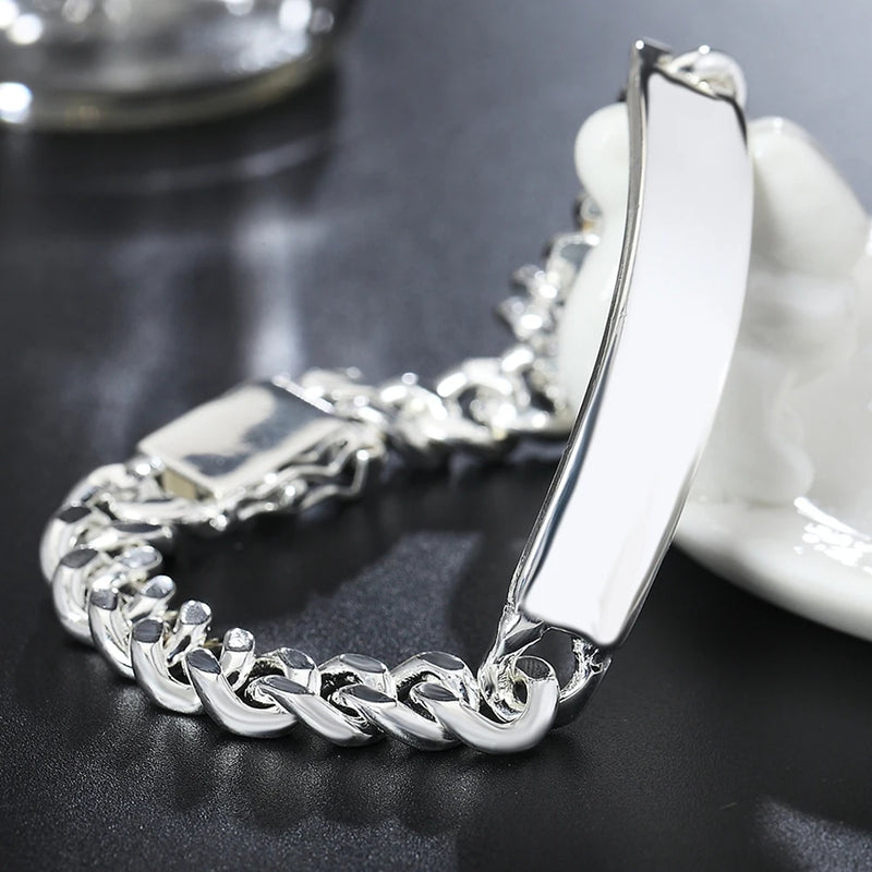 Sterling Silver Cuban Chain Bracelet 10mm Men Women Geometric Party Jewelry