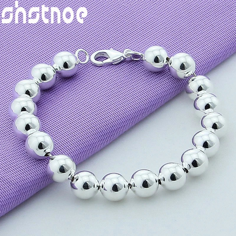 925 Silver 10mm Ball Beads Chain Bracelet for Women Party Engagement Gift