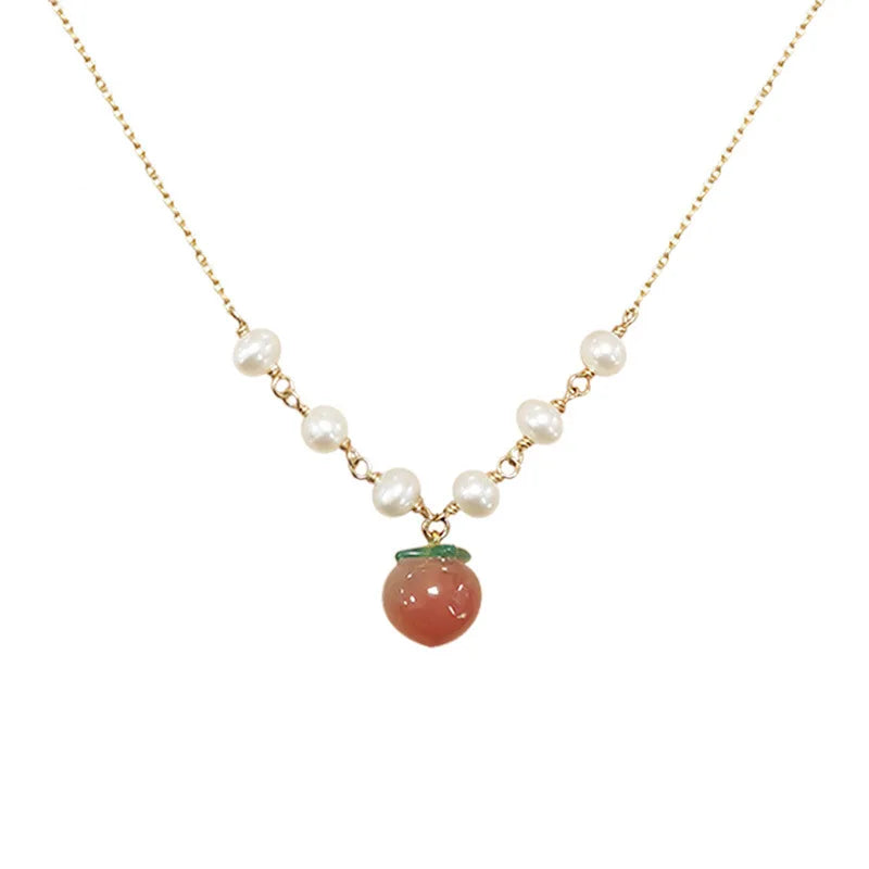 925 Silver 14K Chain Necklace Pearl Pink Peach Agate Pendant