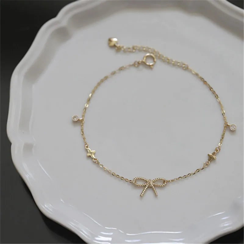 925 Silver Zircon Bracelet 14K Plated Twist Bow Star Jewelry
