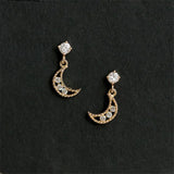 925 Silver Moon Stud Earrings Crystal Hollow Wedding Jewelry