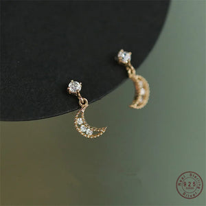 925 Silver Moon Stud Earrings Crystal Hollow Wedding Jewelry