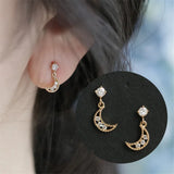 925 Silver Moon Stud Earrings Crystal Hollow Wedding Jewelry
