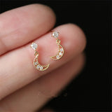 925 Silver Moon Stud Earrings Crystal Hollow Wedding Jewelry