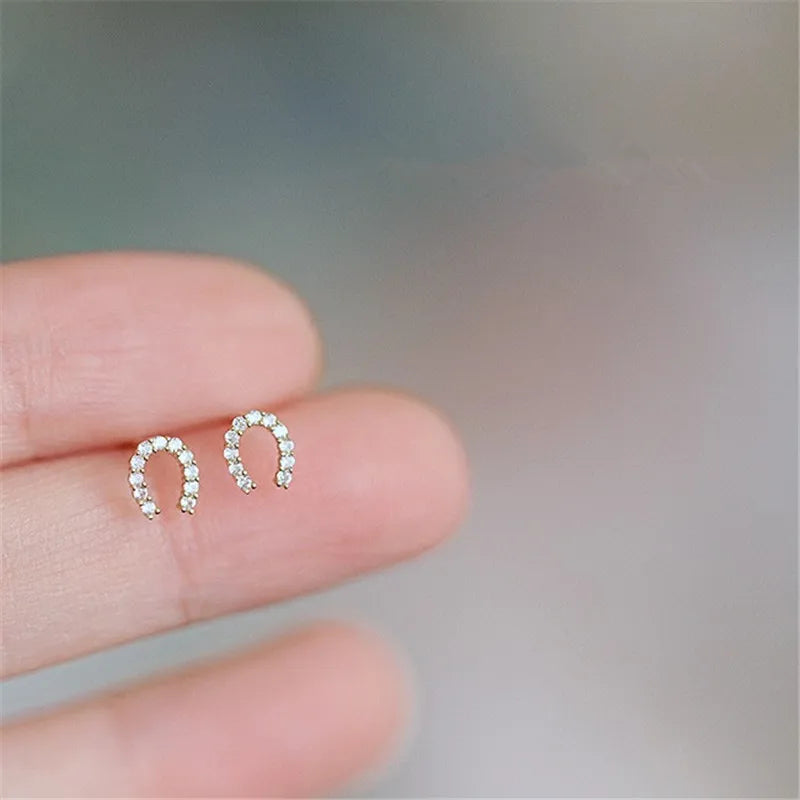 925 Sterling Silver Crystal Horseshoe U-shaped Stud Earrings