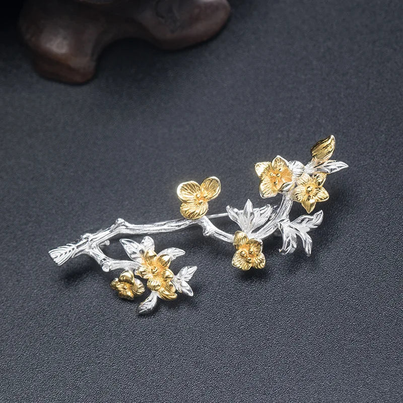 925 Silver 14k Peach Flower Brooch Women's Lady Party Birthday Gift Jewelry