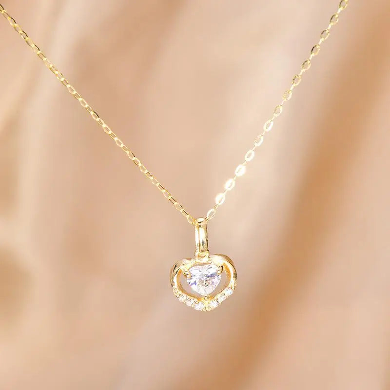 925 Silver 14k Plated Heart Clavicle Necklace with Zircon Pendant