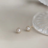 Sterling Silver Pearl Inlaid Zircon Stud Earrings