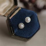 Sterling Silver Pearl Inlaid Zircon Stud Earrings