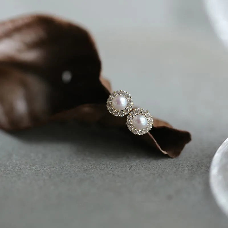 Sterling Silver Pearl Inlaid Zircon Stud Earrings