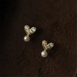 925 Silver Plated Heart Stud Earrings Mock Pearl Zircon Jewelry