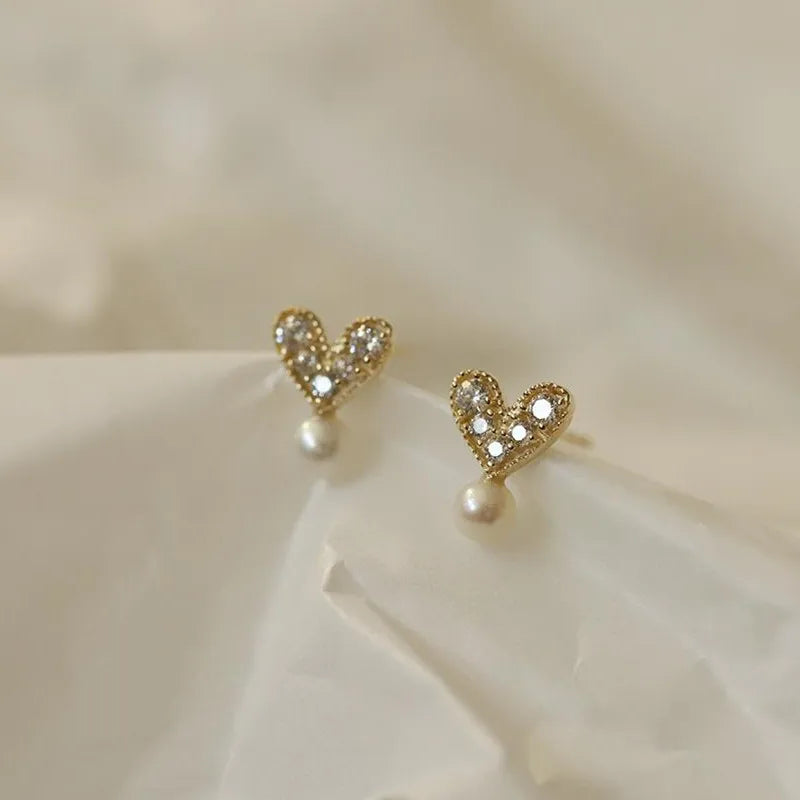 925 Silver Plated Heart Stud Earrings Mock Pearl Zircon Jewelry