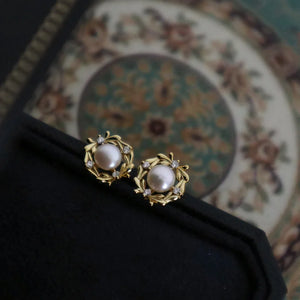 925 Silver 14k Plated Stud Earrings Pearl Zircon Flowers Wedding