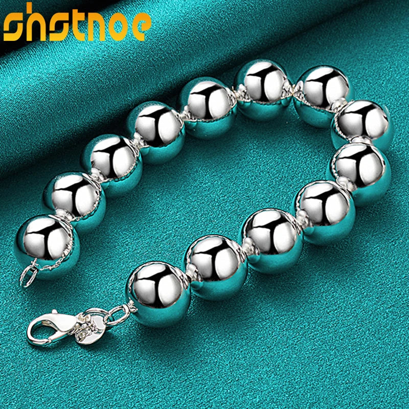 925 Silver 14mm Round Bead Chain Bracelet for Women Wedding Jewelry