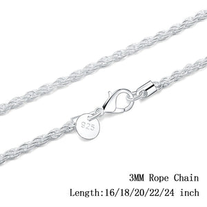 925 Sterling Silver 3mm Rope Chain Necklace for Women Men