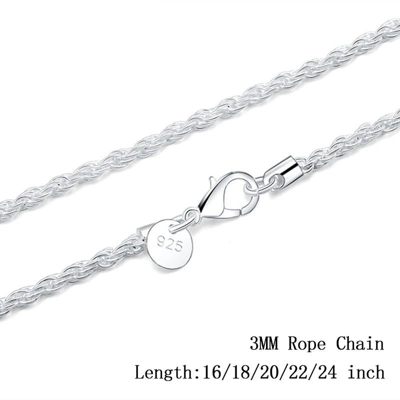 925 Sterling Silver 3mm Rope Chain Necklace for Women Men