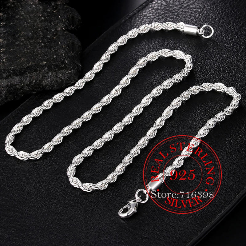 925 Silver 4mm Twisted Rope Chain Necklace For Women Man