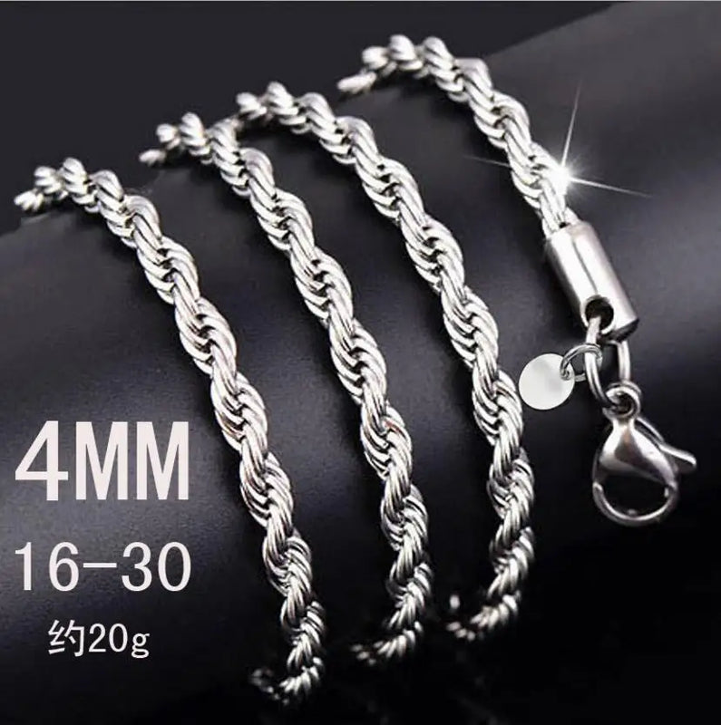 925 Sterling Silver 4mm Rope Chain Necklace 16-24 Inch Wedding Charm Jewelry