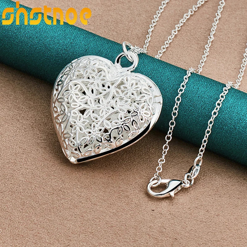 925 Silver Carved Heart Pendant Necklace Engagement Wedding Charm Jewelry
