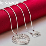 925 Silver Snake Chain Heart Love Pendant Necklace For Women