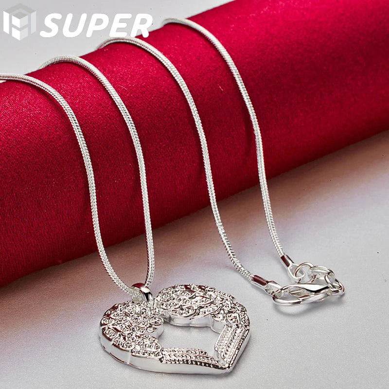 925 Silver 16-30" Snake Chain Heart Love Pendant Necklace Women Wedding Charm