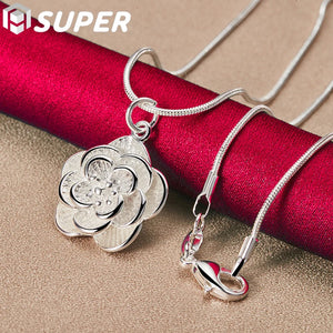 925 Silver Snake Chain Rose Flower Pendant Necklace Wedding Jewelry