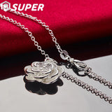 925 Silver Snake Chain Rose Flower Pendant Necklace Wedding Jewelry