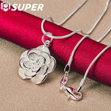 925 Silver Snake Chain Rose Flower Pendant Necklace Wedding Jewelry