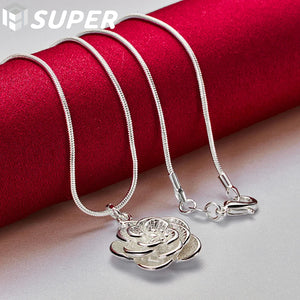 925 Silver Snake Chain Rose Flower Pendant Necklace Wedding Jewelry