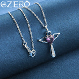 925 Silver Purple Zircon Angel Wings Heart Magic Stick Pendant Necklace