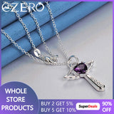 925 Silver Purple Zircon Angel Wings Heart Magic Stick Pendant Necklace