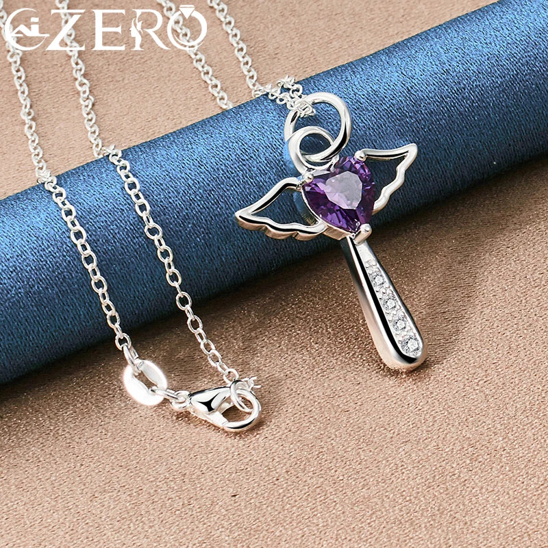 925 Silver Purple Zircon Angel Wings Heart Magic Stick Pendant Necklace