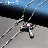 925 Silver Purple Zircon Angel Wings Heart Magic Stick Pendant Necklace