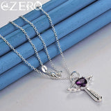 925 Silver Purple Zircon Angel Wings Heart Magic Stick Pendant Necklace