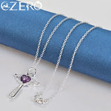 925 Silver Purple Zircon Angel Wings Heart Magic Stick Pendant Necklace