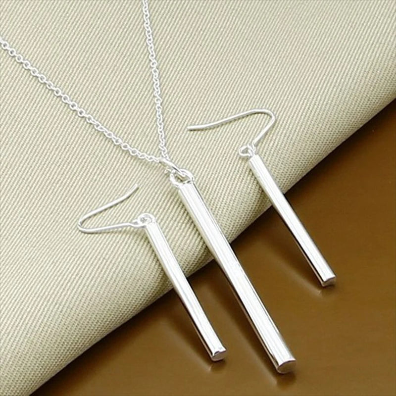 925 Sterling Silver Cross Chain Column Necklace Earring Set