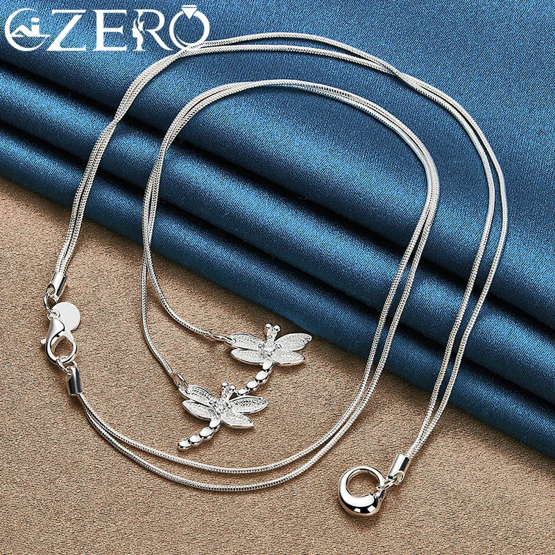 925 Silver 18" Snake Chain Dragonfly Pendant Necklace Zircon Woman Wedding