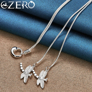 925 Silver 18" Snake Chain Dragonfly Pendant Necklace Zircon Woman Wedding