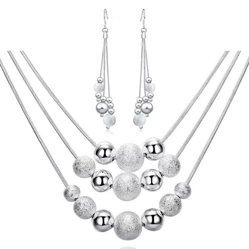 925 Silver Frosted Beads Pendant Earrings Necklace Set Wedding