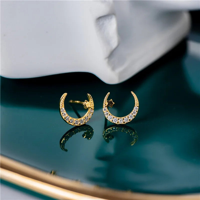 925 Silver Asymmetrical Sun Moon Stud Earrings 18K Plating