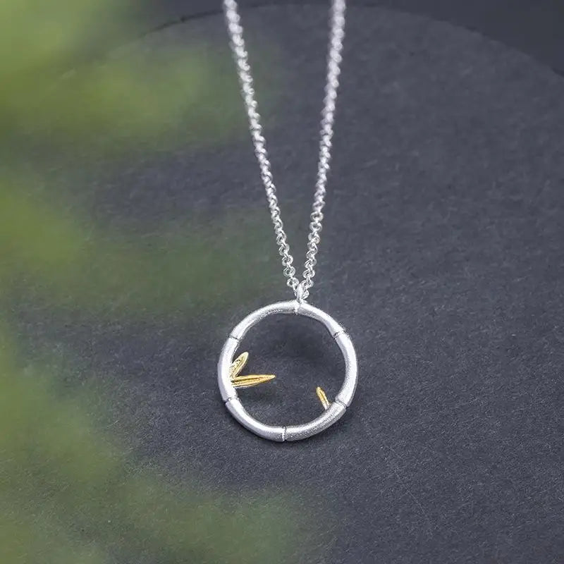 925 Silver Bamboo Pendant Necklace Vintage Chinese Style Jewelry
