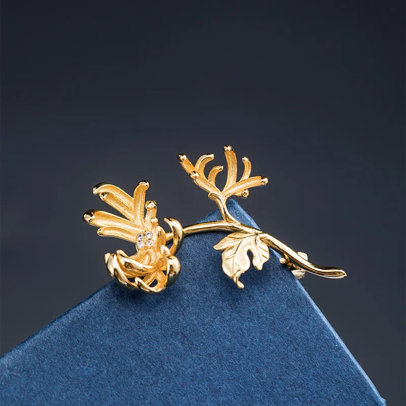 925 Silver 18k Chrysanthemum Brooch Chinese Female Vintage Jewelry