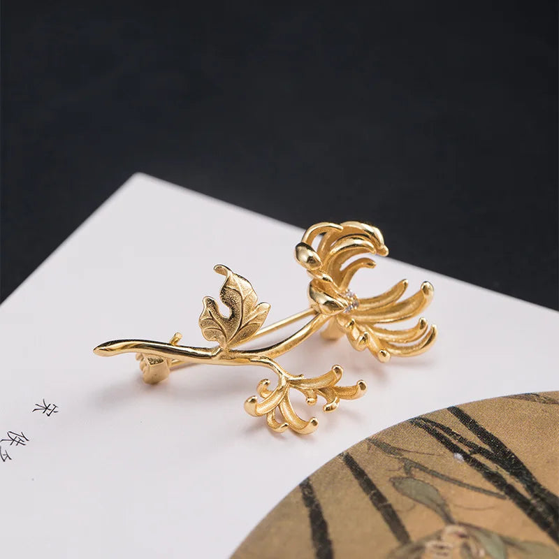 925 Silver 18k Chrysanthemum Brooch Chinese Female Vintage Jewelry