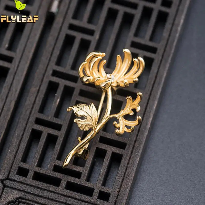 925 Silver 18k Chrysanthemum Brooch Chinese Female Vintage Jewelry