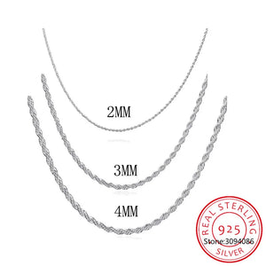 925 Silver Rope Chain Necklace 2/3/4MM 16-24 Inches Men Women Punk Party Jewelry