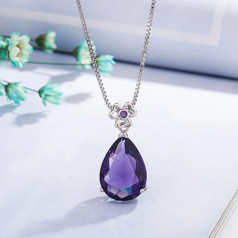 925 Silver 2ct Natural Amethyst Pendant Women Purple Gemstone Necklace