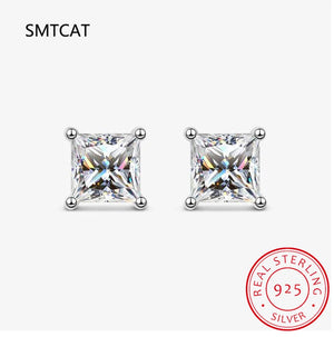 925 Silver 2CT Moissanite Stud Earrings Princess Cut D VVS1 Ear Studs
