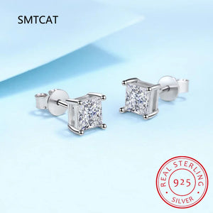 925 Silver 2CT Moissanite Stud Earrings Princess Cut D VVS1 Ear Studs